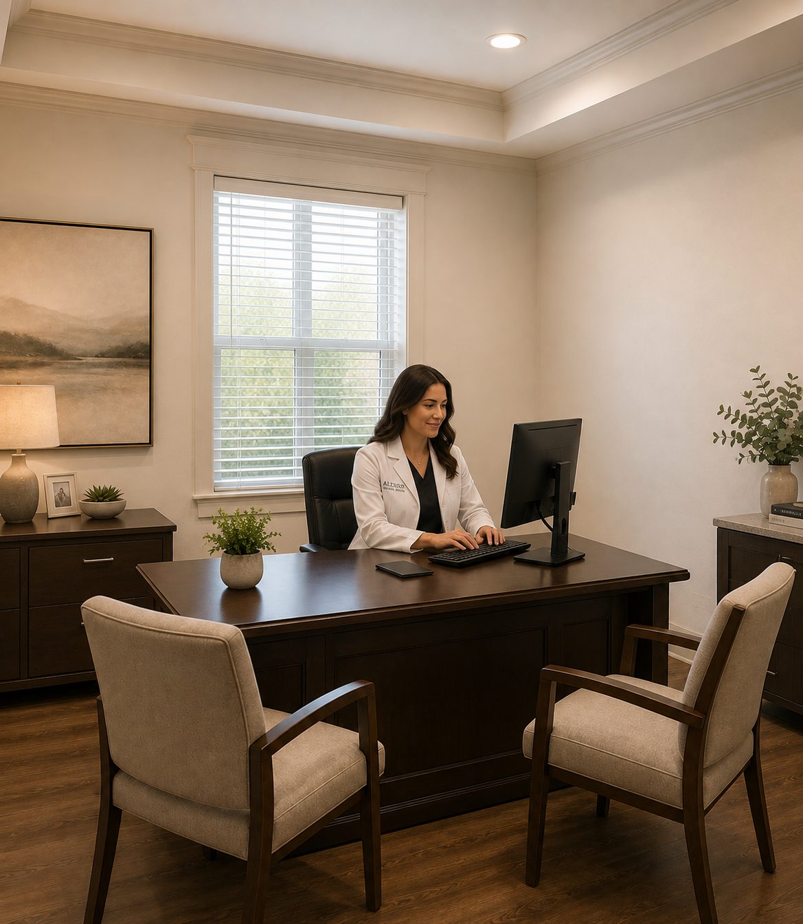 A provider working at a desk in a furnished Aluxor office
